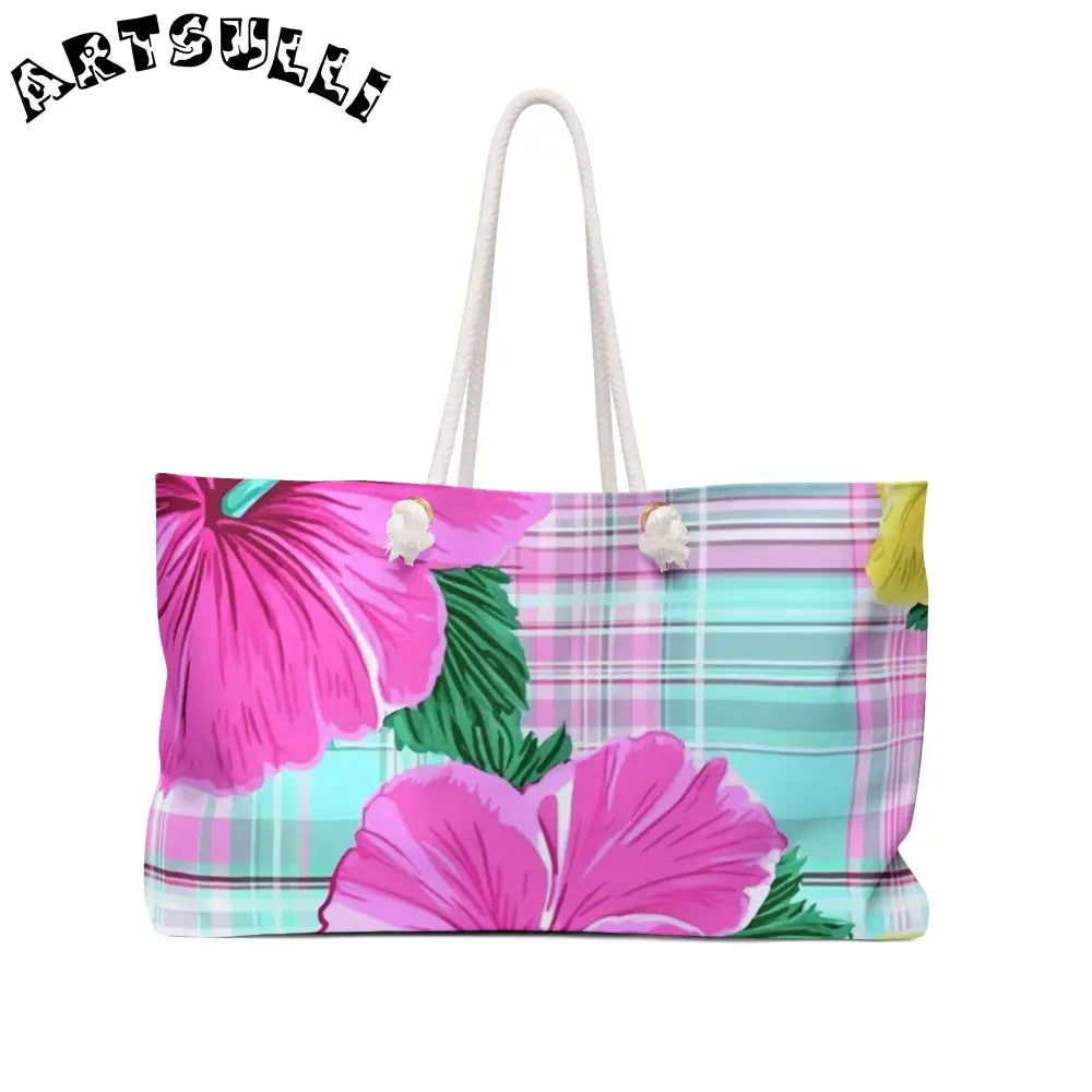 Pink and Teal Plaid Floral Weekender Tote Bag, Artsulli - Art is Long, Life is Short, Bags, Size, 24" × 13", , , , , 12759090779330182041