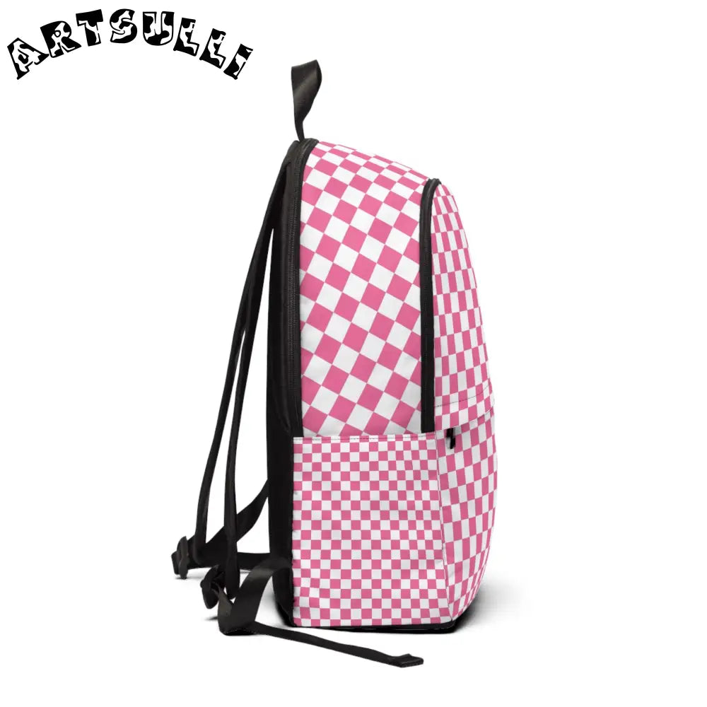Pink and White Checkerboard Backpack with Adjustable Shoulder Straps, Artsulli - Art is Long, Life is Short, Bags, , , , , , , 