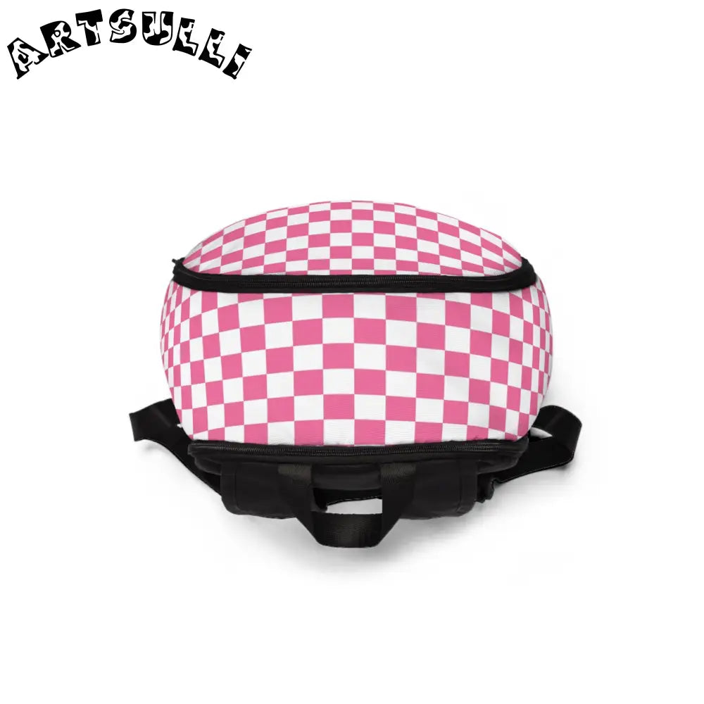 Pink and White Checkerboard Backpack with Adjustable Shoulder Straps, Artsulli - Art is Long, Life is Short, Bags, , , , , , , 