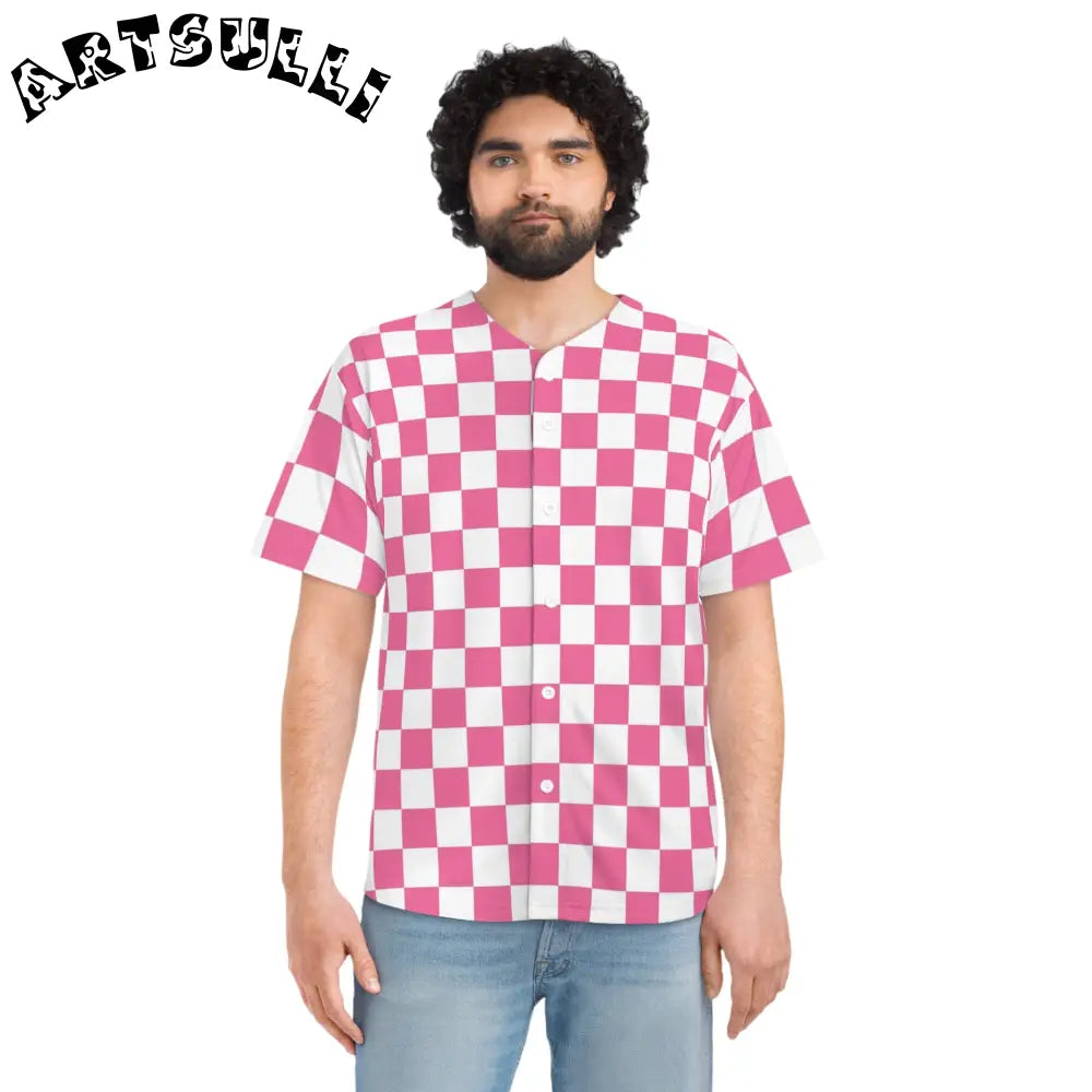 Pink and White Checkerboard Baseball Jersey, Artsulli - Art is Long, Life is Short, All Over Prints, , , , , , , 