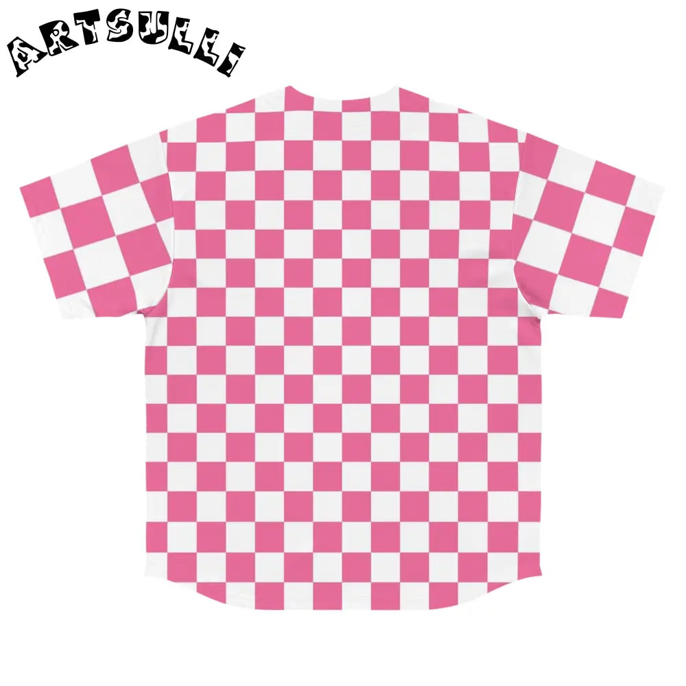 Pink and White Checkerboard Baseball Jersey, Artsulli - Art is Long, Life is Short, All Over Prints, , , , , , , 