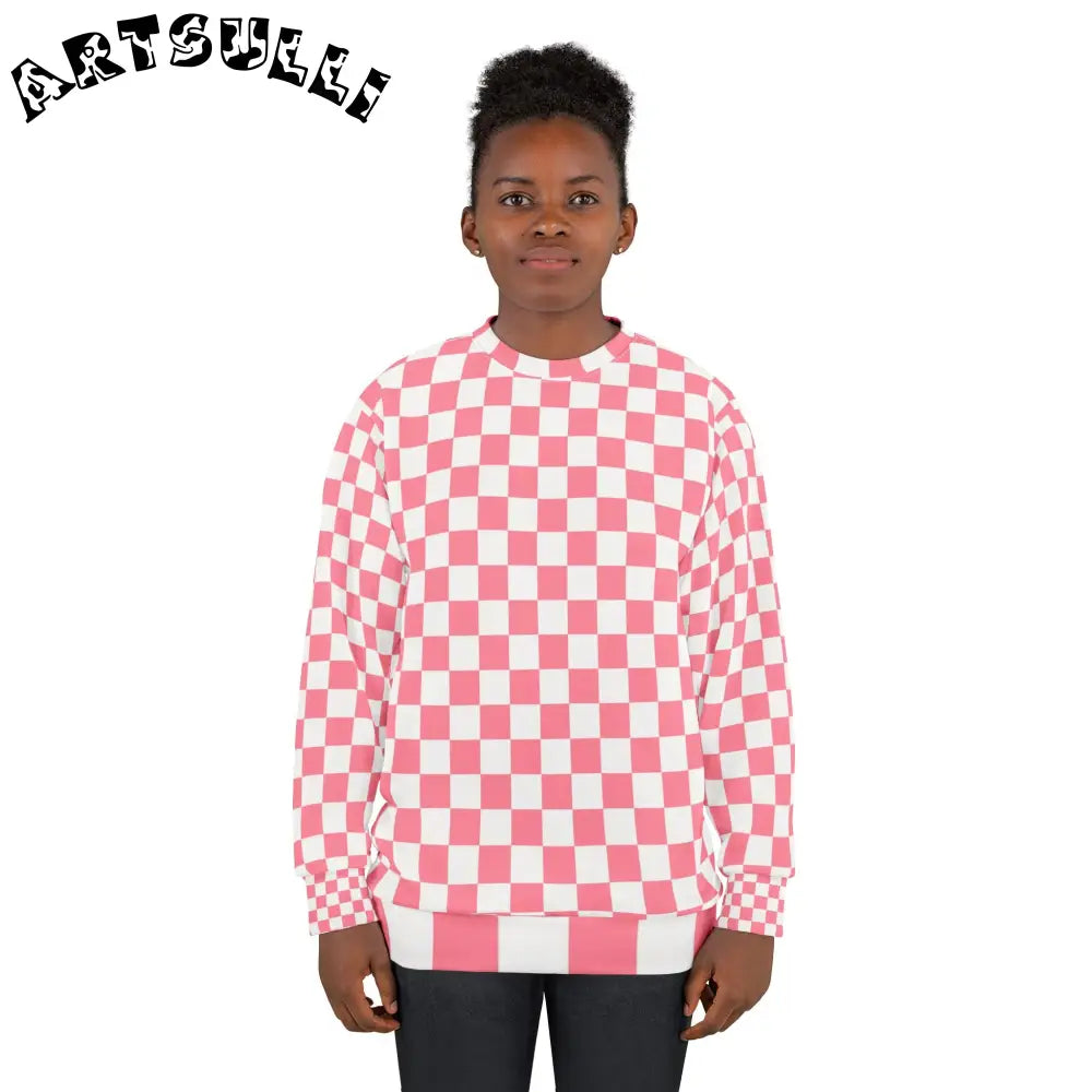 Pink and White Checkerboard Crewneck Sweatshirt, Artsulli - Art is Long, Life is Short, All Over Prints, , , , , , , 