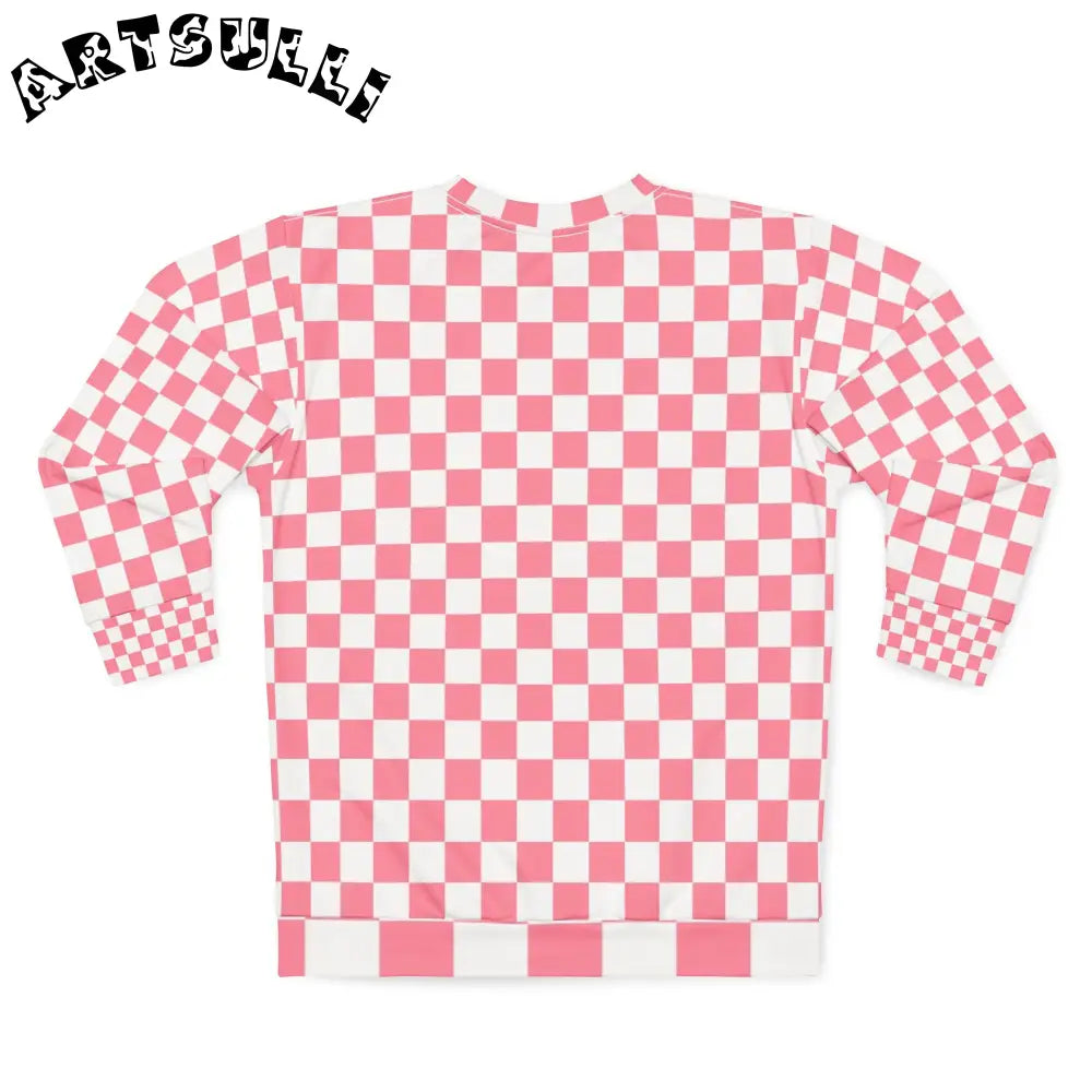 Pink and White Checkerboard Crewneck Sweatshirt, Artsulli - Art is Long, Life is Short, All Over Prints, , , , , , , 