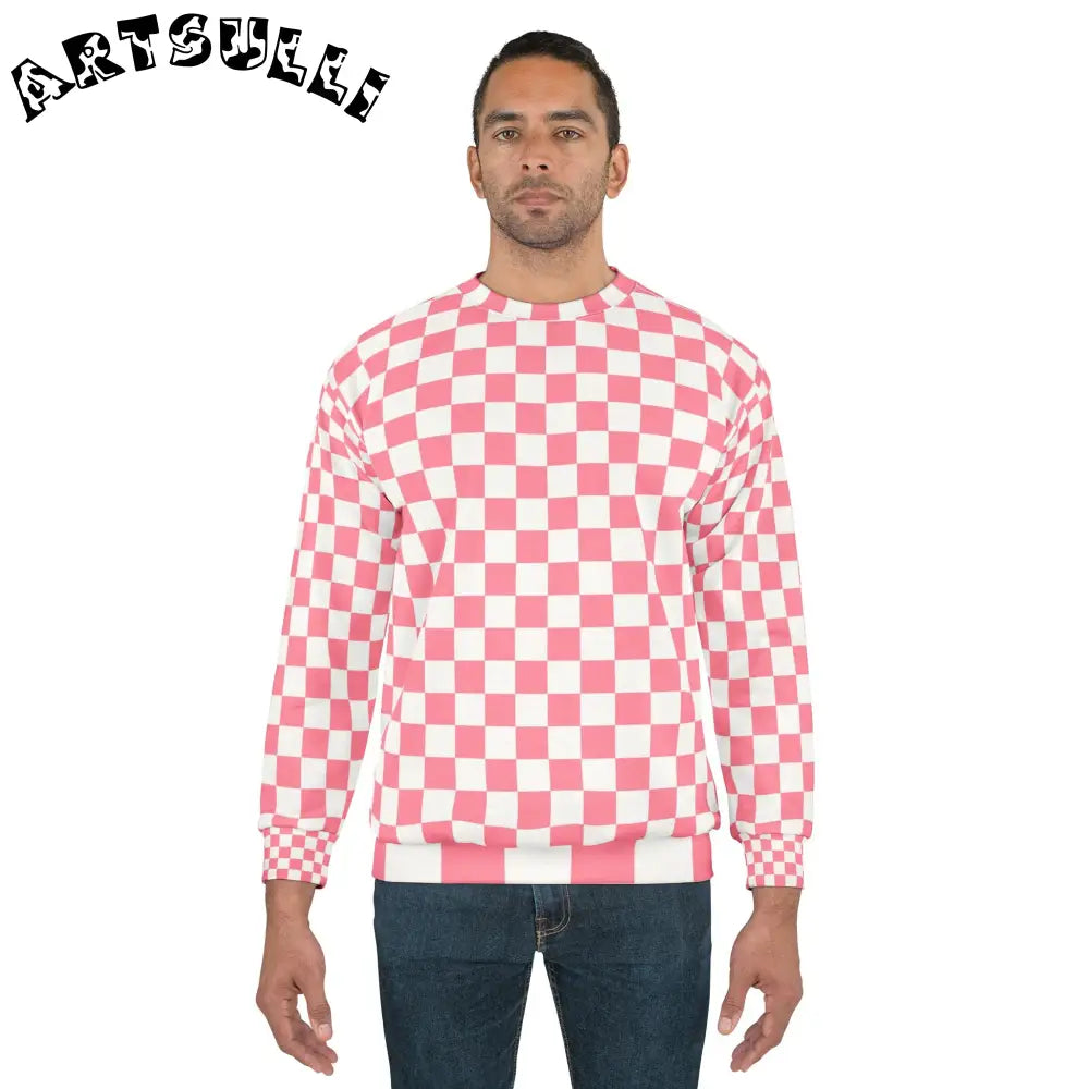 Pink and White Checkerboard Crewneck Sweatshirt, Artsulli - Art is Long, Life is Short, All Over Prints, , , , , , , 