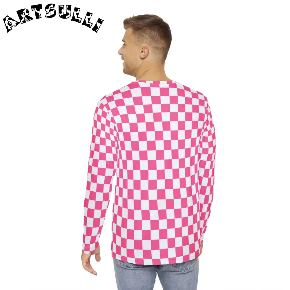 Pink and White Checkerboard Long-Sleeve Tee, Artsulli - Art is Long, Life is Short, All Over Prints, , , , , , , 