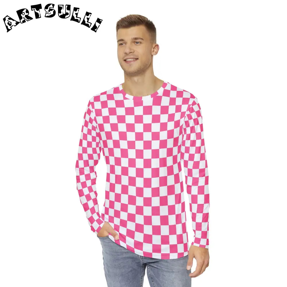 Pink and White Checkerboard Long-Sleeve Tee, Artsulli - Art is Long, Life is Short, All Over Prints, , , , , , , 