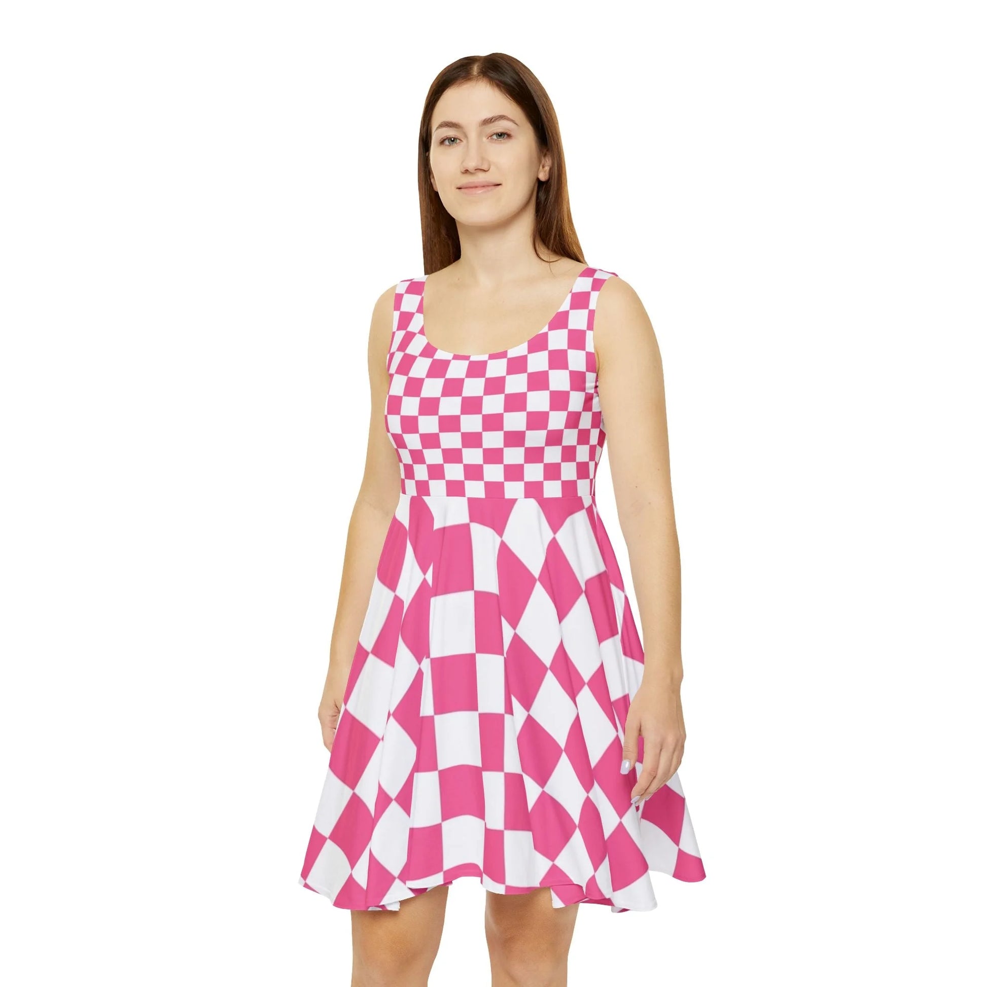 Pink and White Checkerboard Skater Dress, Artsulli - Art is Long, Life is Short, All Over Prints, , , , , , , 