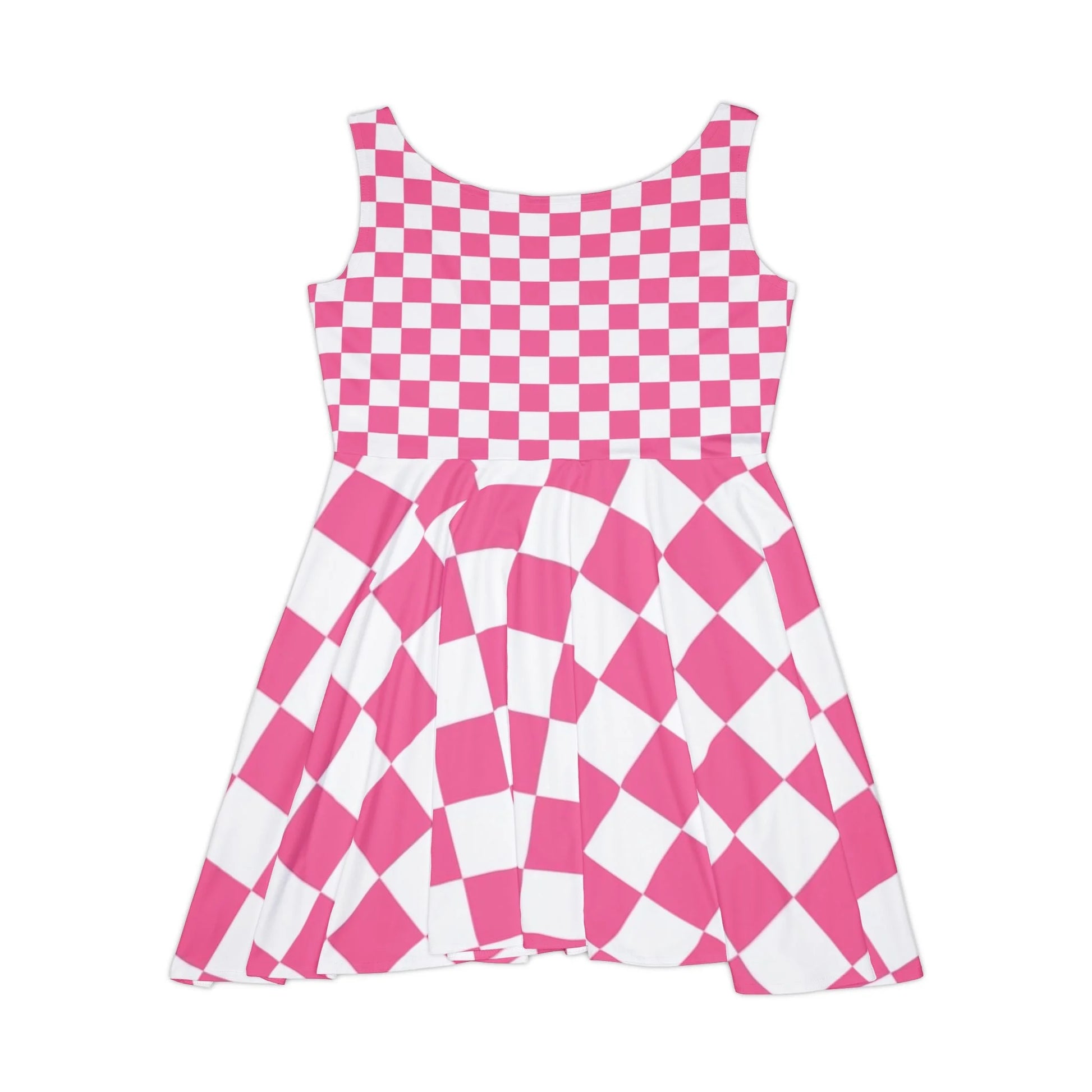 Pink and White Checkerboard Skater Dress, Artsulli - Art is Long, Life is Short, All Over Prints, , , , , , , 