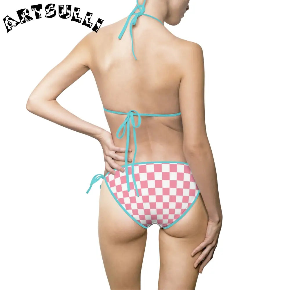 Pink and White Checkered Bikini Swimsuit, Artsulli - Art is Long, Life is Short, All Over Prints, , , , , , , 