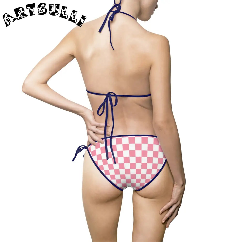 Pink and White Checkered Bikini Swimsuit, Artsulli - Art is Long, Life is Short, All Over Prints, , , , , , , 
