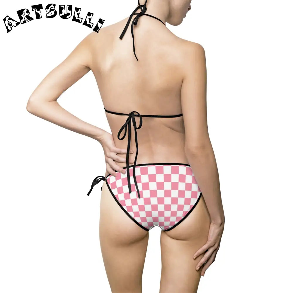 Pink and White Checkered Bikini Swimsuit, Artsulli - Art is Long, Life is Short, All Over Prints, , , , , , , 