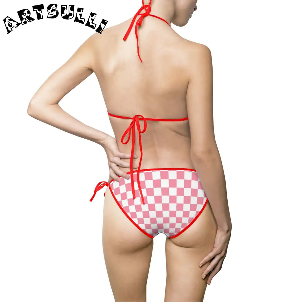 Pink and White Checkered Bikini Swimsuit, Artsulli - Art is Long, Life is Short, All Over Prints, , , , , , , 