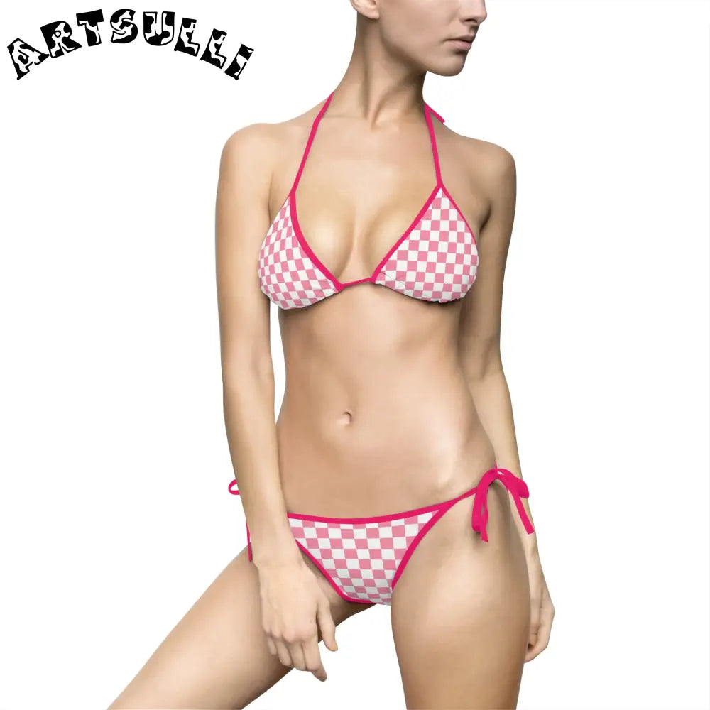 Pink and White Checkered Bikini Swimsuit, Artsulli - Art is Long, Life is Short, All Over Prints, Size, S, Color, Pink, , , 45660620910820753272
