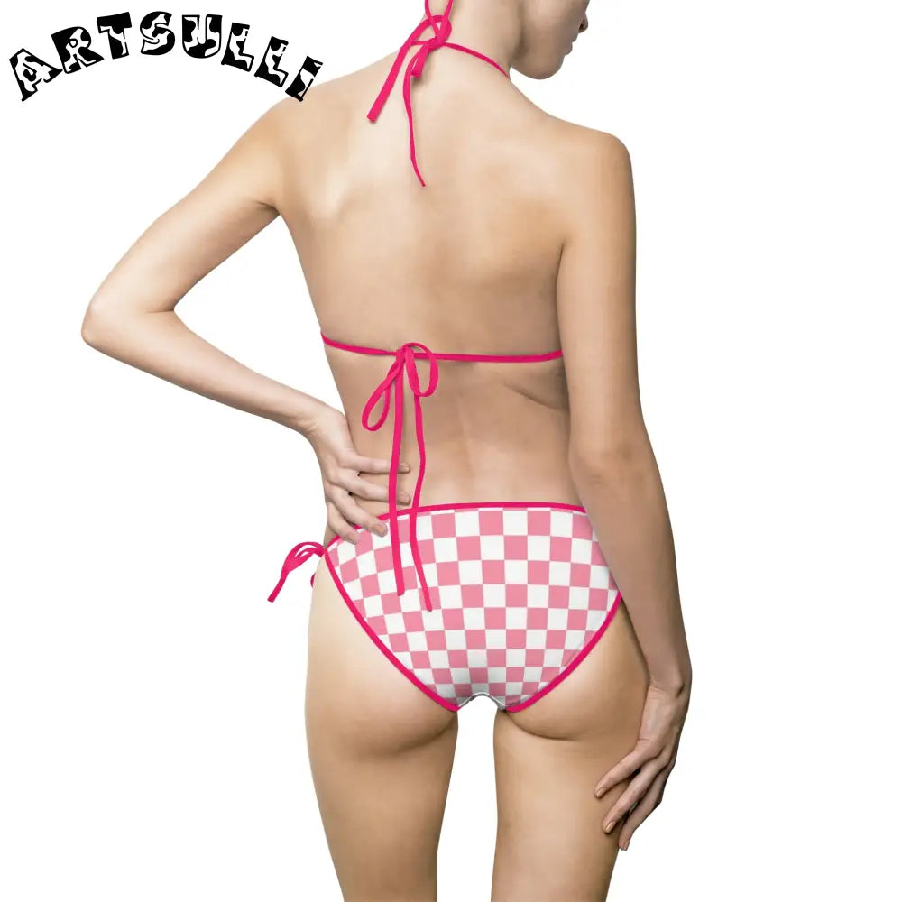 Pink and White Checkered Bikini Swimsuit, Artsulli - Art is Long, Life is Short, All Over Prints, , , , , , , 