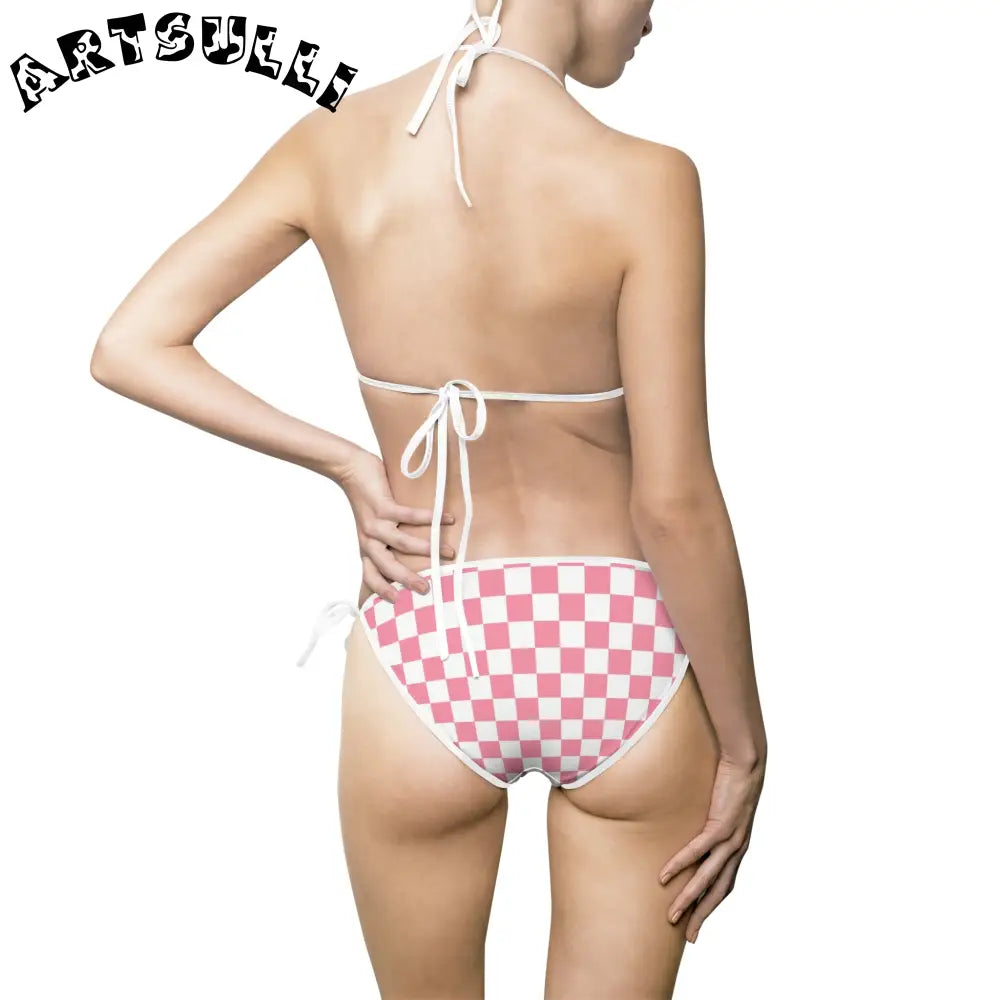 Pink and White Checkered Bikini Swimsuit, Artsulli - Art is Long, Life is Short, All Over Prints, , , , , , , 