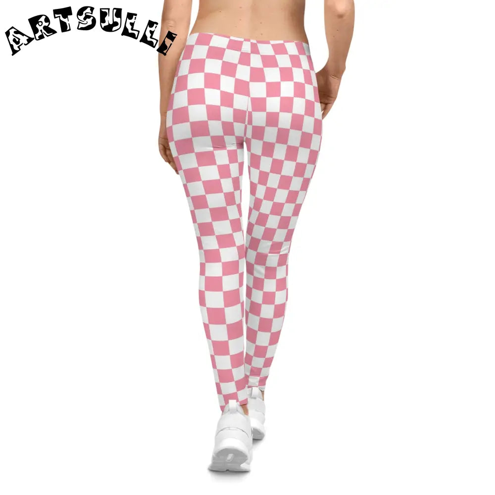Pink and White Checkered Casual Leggings, Artsulli - Art is Long, Life is Short, All Over Prints, , , , , , , 