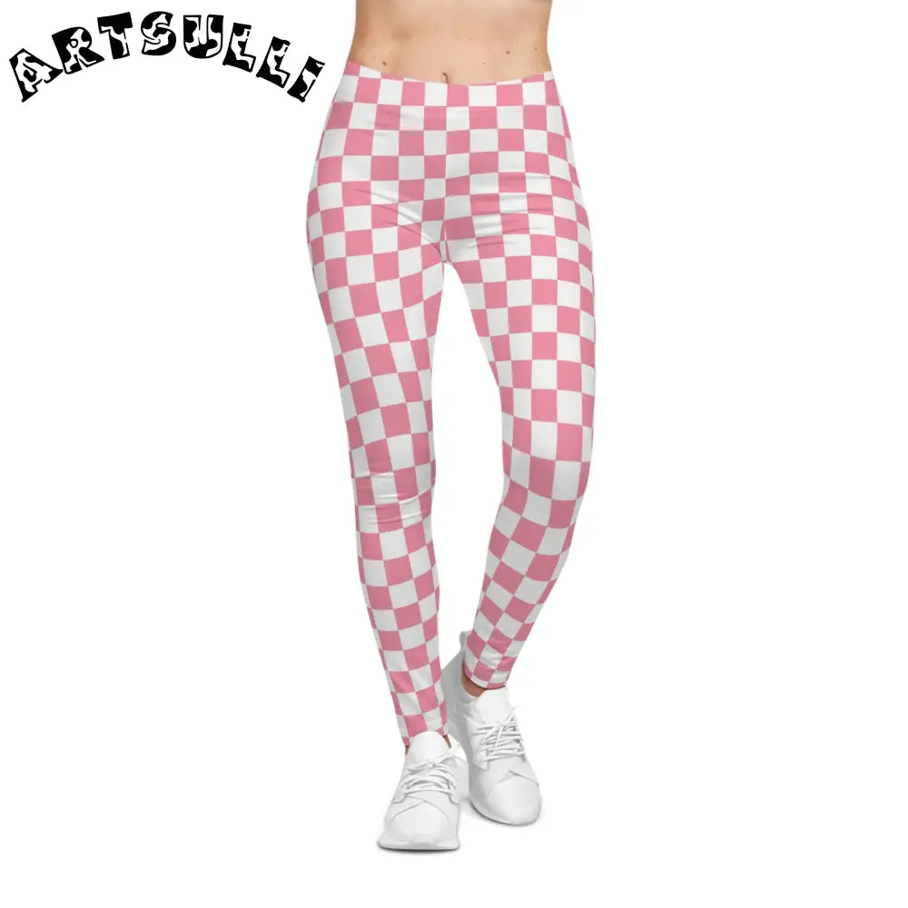 Pink and White Checkered Casual Leggings, Artsulli - Art is Long, Life is Short, All Over Prints, , , , , , , 