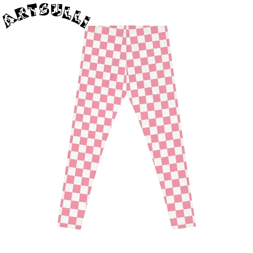 Pink and White Checkered Casual Leggings, Artsulli - Art is Long, Life is Short, All Over Prints, , , , , , , 