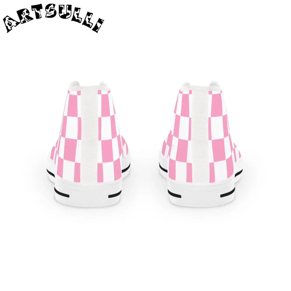 Pink and White Checkered High Tops with Breathable Polyester Canvas, Artsulli - Art is Long, Life is Short, Shoes, , , , , , , 