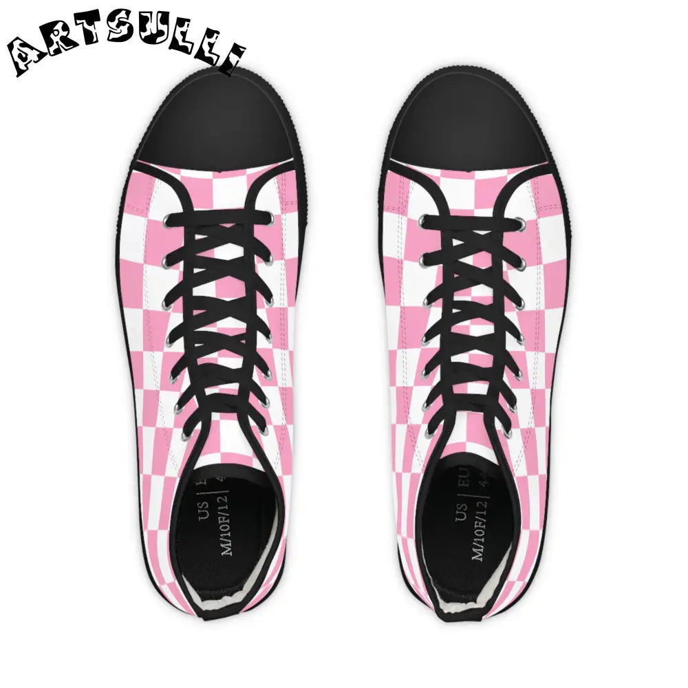 Pink and White Checkered High Tops with Breathable Polyester Canvas, Artsulli - Art is Long, Life is Short, Shoes, , , , , , , 
