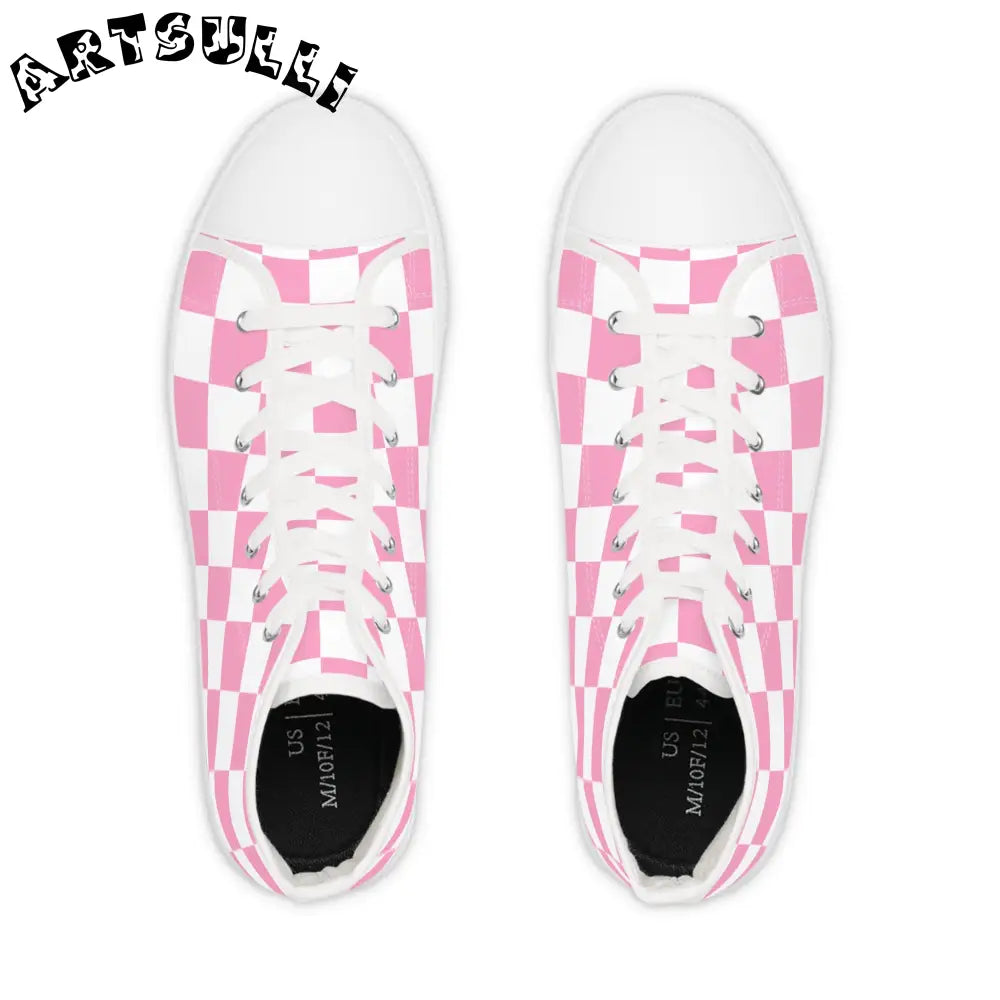 Pink and White Checkered High Tops with Breathable Polyester Canvas, Artsulli - Art is Long, Life is Short, Shoes, , , , , , , 