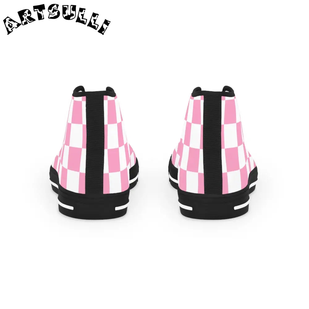 Pink and White Checkered High Tops with Breathable Polyester Canvas, Artsulli - Art is Long, Life is Short, Shoes, , , , , , , 