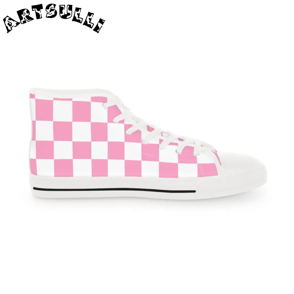 Pink and White Checkered High Tops with Breathable Polyester Canvas, Artsulli - Art is Long, Life is Short, Shoes, , , , , , , 