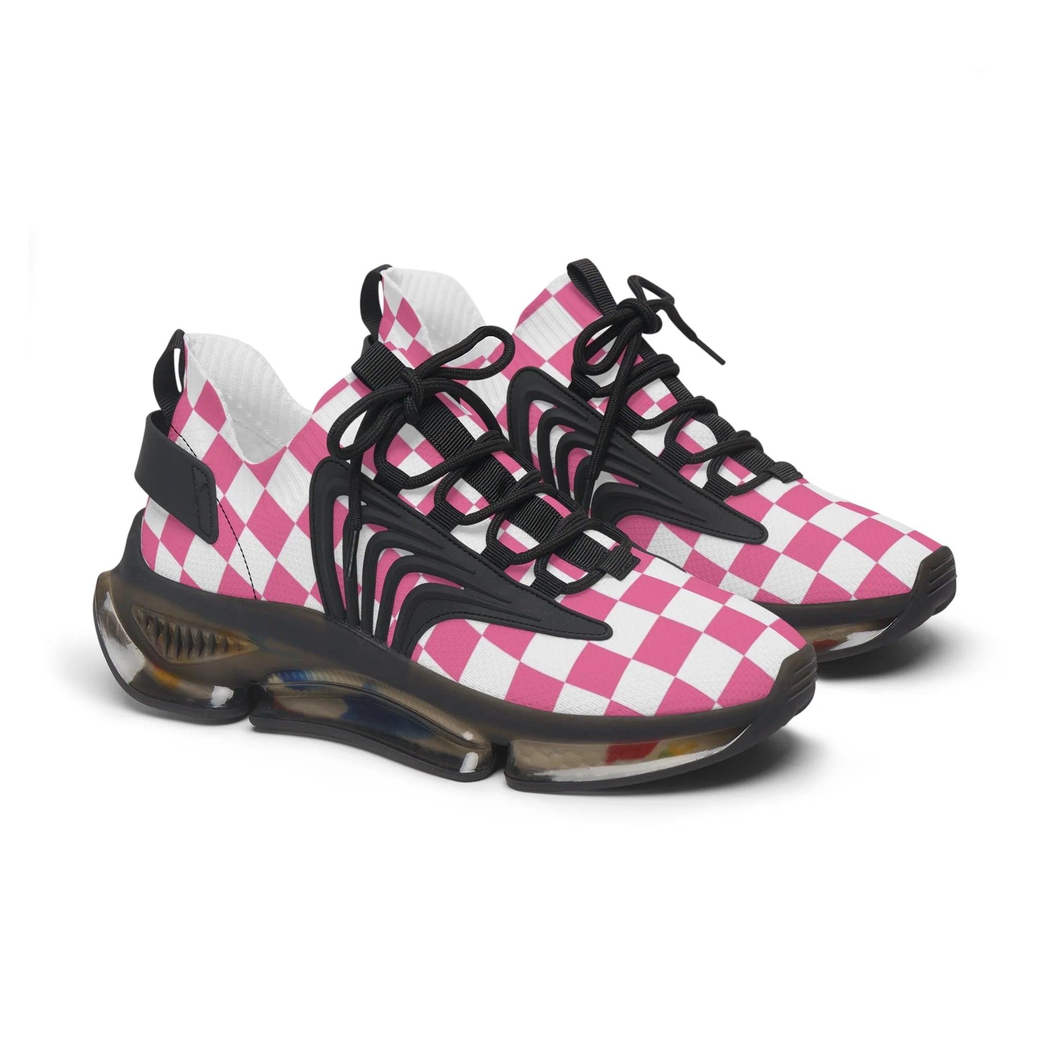 Pink and White Checkered Mesh Sneakers with Translucent Soles, Artsulli - Art is Long, Life is Short, Shoes, Color, Black sole, Size, US 5.5, , , 48400818573025643047