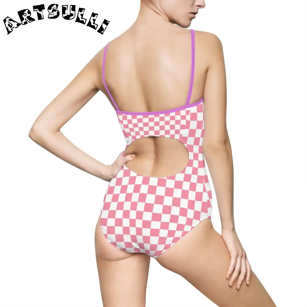Pink and White Checkered One-Piece Swimsuit, Artsulli - Art is Long, Life is Short, All Over Prints, , , , , , , 
