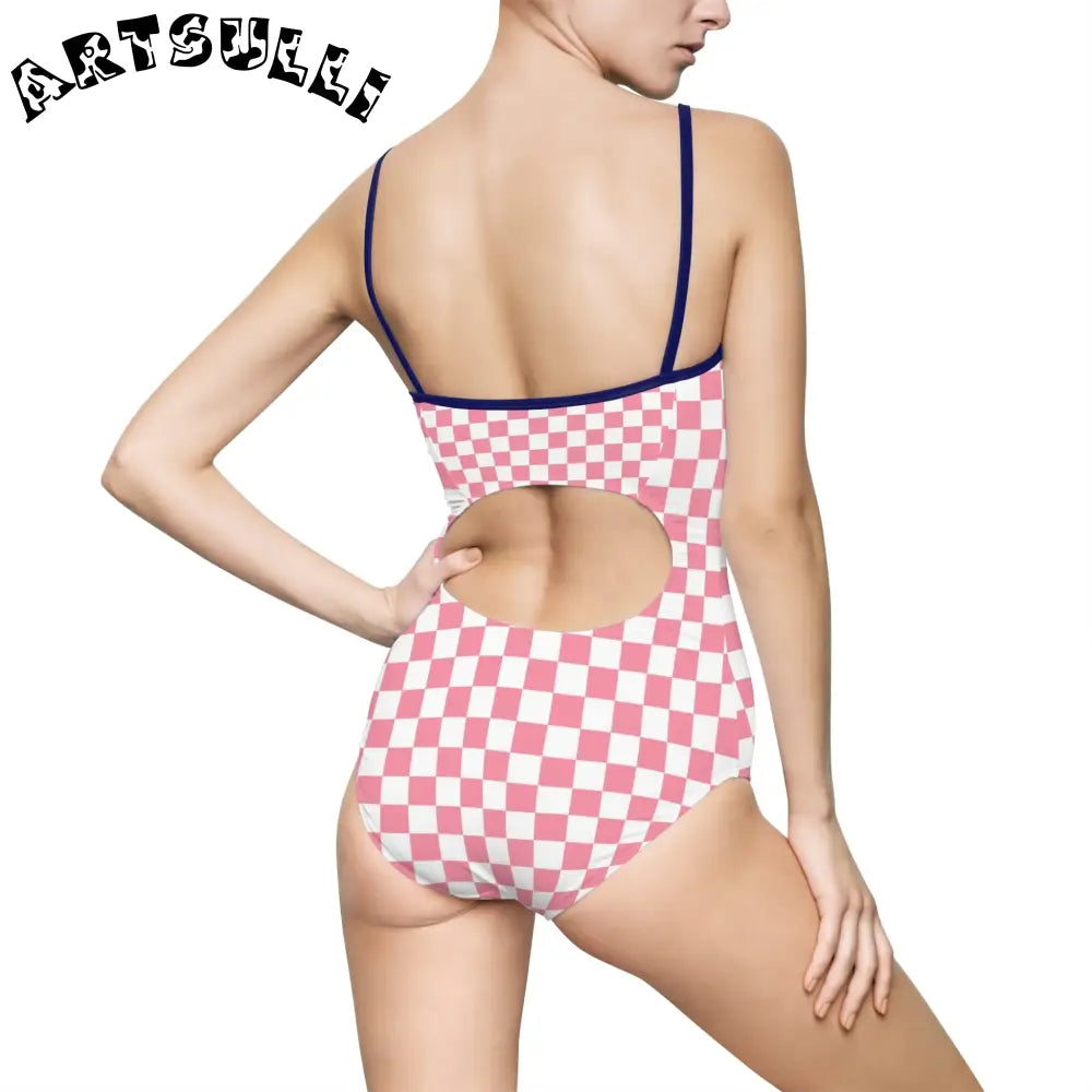Pink and White Checkered One-Piece Swimsuit, Artsulli - Art is Long, Life is Short, All Over Prints, , , , , , , 