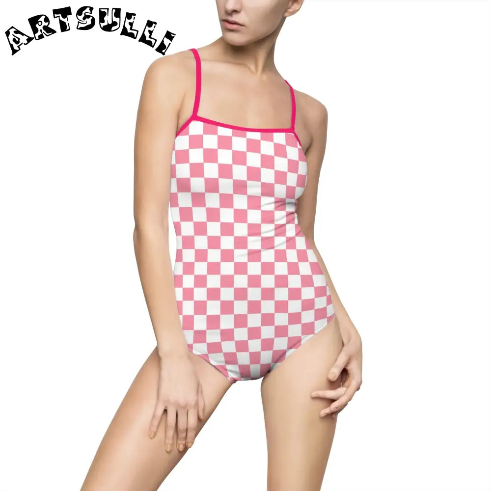 Pink and White Checkered One-Piece Swimsuit, Artsulli - Art is Long, Life is Short, All Over Prints, Size, XS, Color, Pink, , , 18618882745317018247