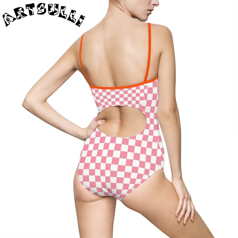 Pink and White Checkered One-Piece Swimsuit, Artsulli - Art is Long, Life is Short, All Over Prints, , , , , , , 