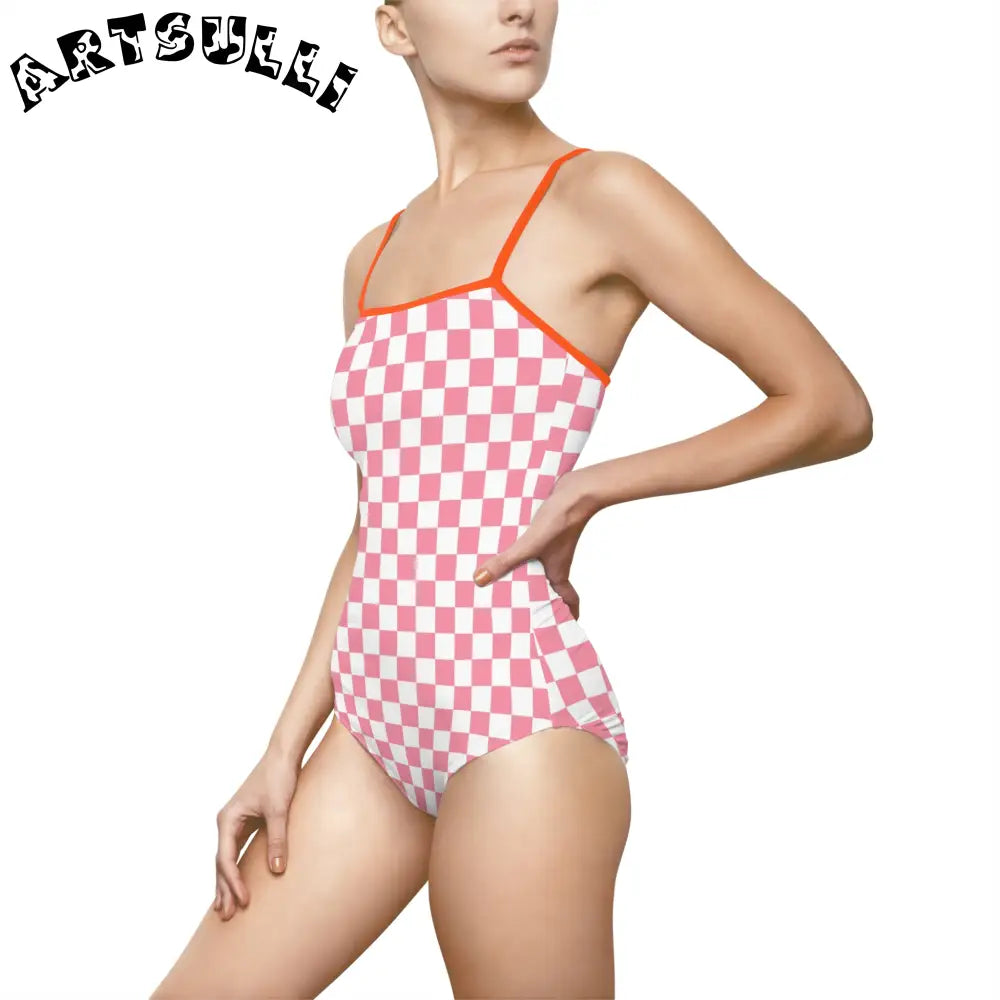 Pink and White Checkered One-Piece Swimsuit, Artsulli - Art is Long, Life is Short, All Over Prints, , , , , , , 