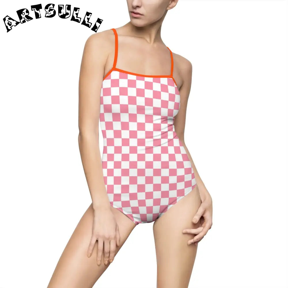 Pink and White Checkered One-Piece Swimsuit, Artsulli - Art is Long, Life is Short, All Over Prints, Size, XS, Color, Orange, , , 28413738968510716897