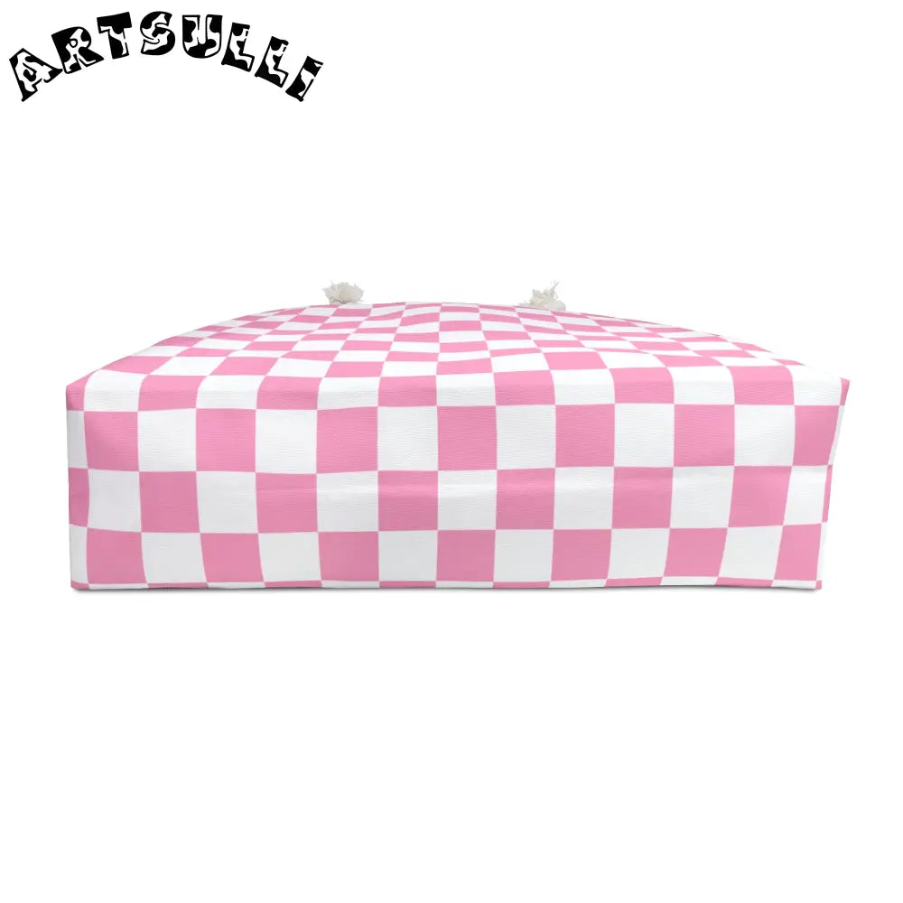 Pink and White Checkered Oversized Weekender Tote, Artsulli - Art is Long, Life is Short, Bags, , , , , , , 