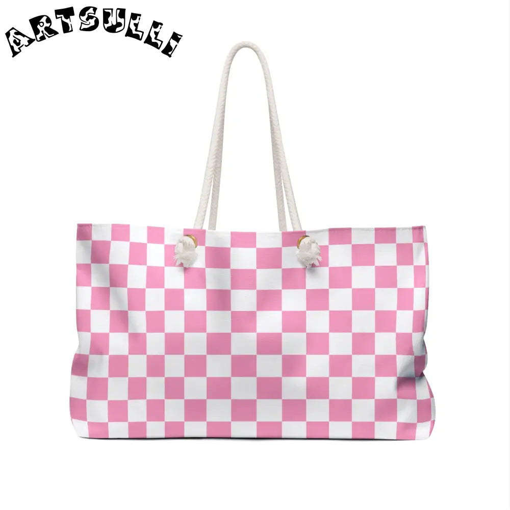 Pink and White Checkered Oversized Weekender Tote, Artsulli - Art is Long, Life is Short, Bags, , , , , , , 