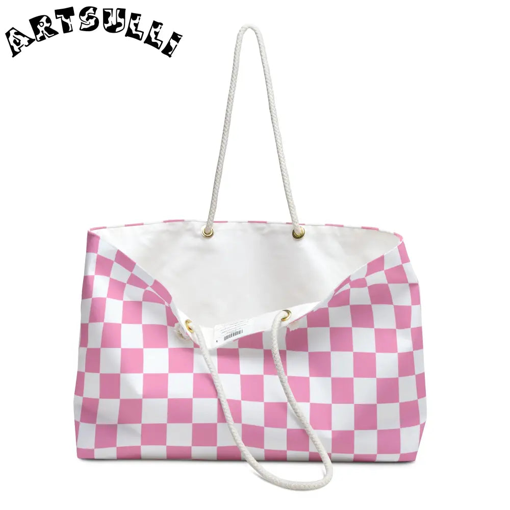 Pink and White Checkered Oversized Weekender Tote, Artsulli - Art is Long, Life is Short, Bags, , , , , , , 