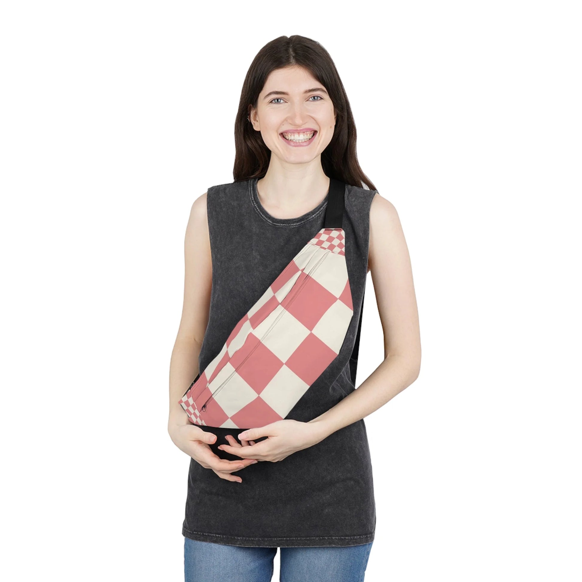 Pink and White Checkered Practical Fanny Pack, Artsulli - Art is Long, Life is Short, Bags, , , , , , , 