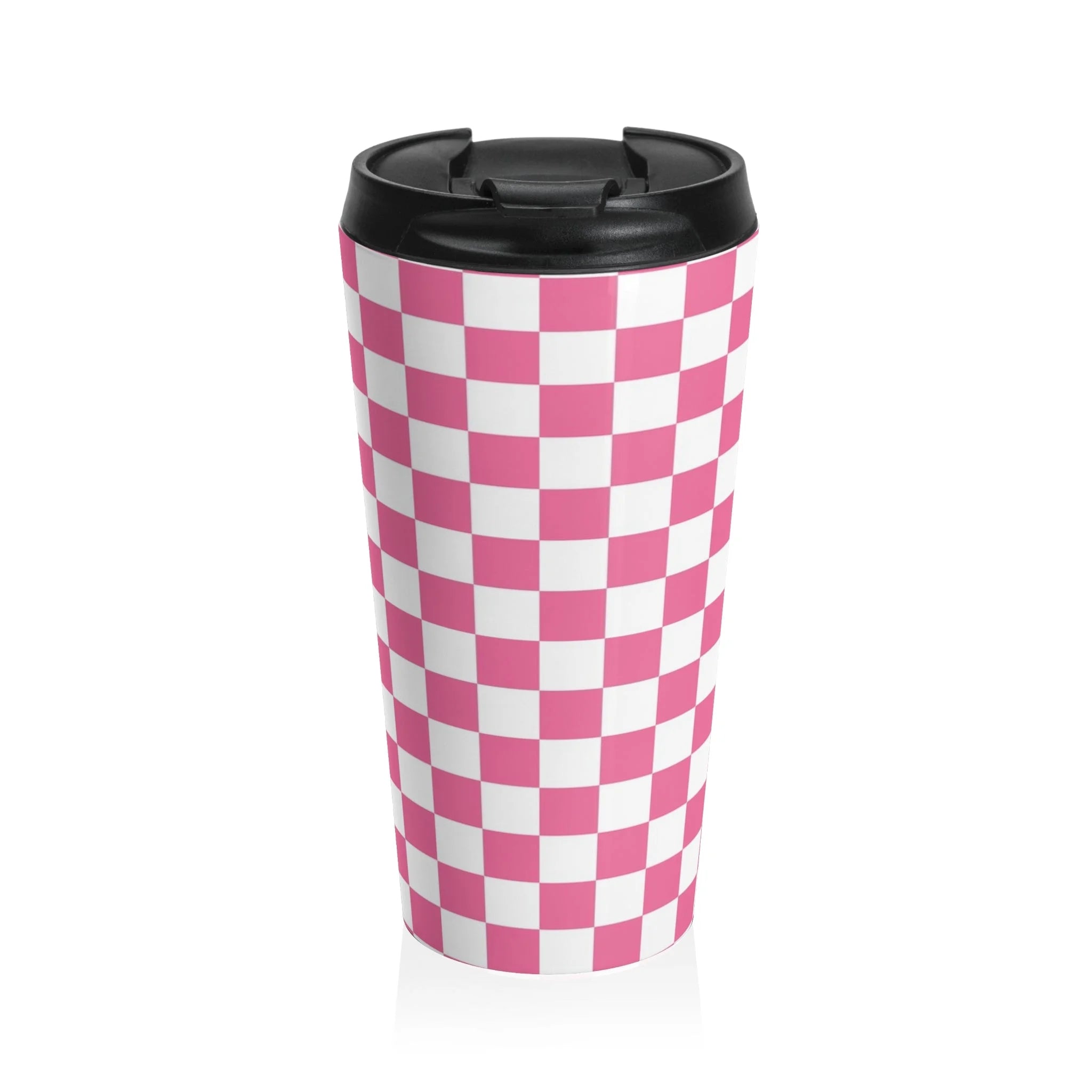 JAKKOUTTHEBXX Pink and White Checkered Stainless Steel Travel Mug 2025