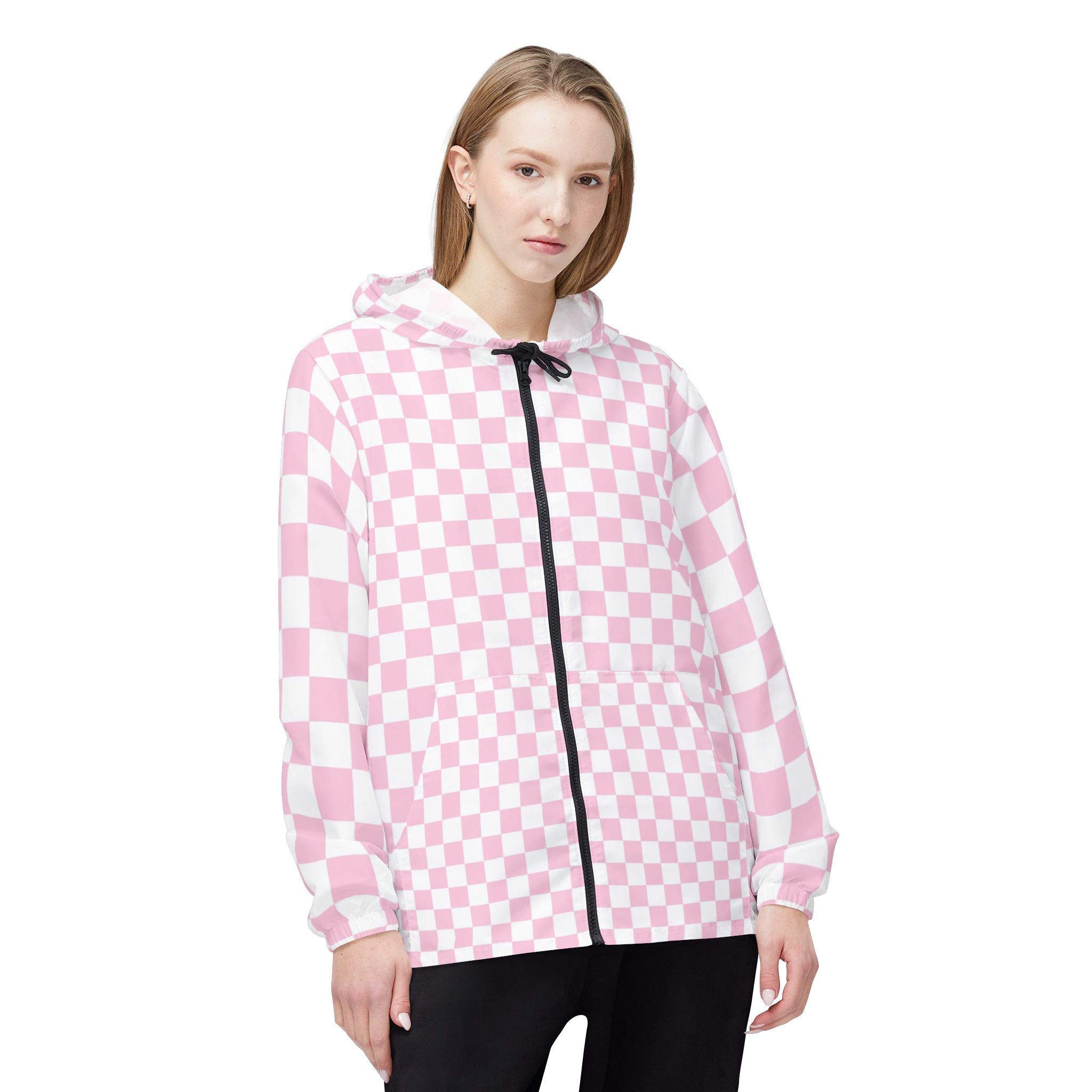Pink and White Checkered Windbreaker Jacket, Artsulli - Art is Long, Life is Short, Outerwear, , , , , , , 
