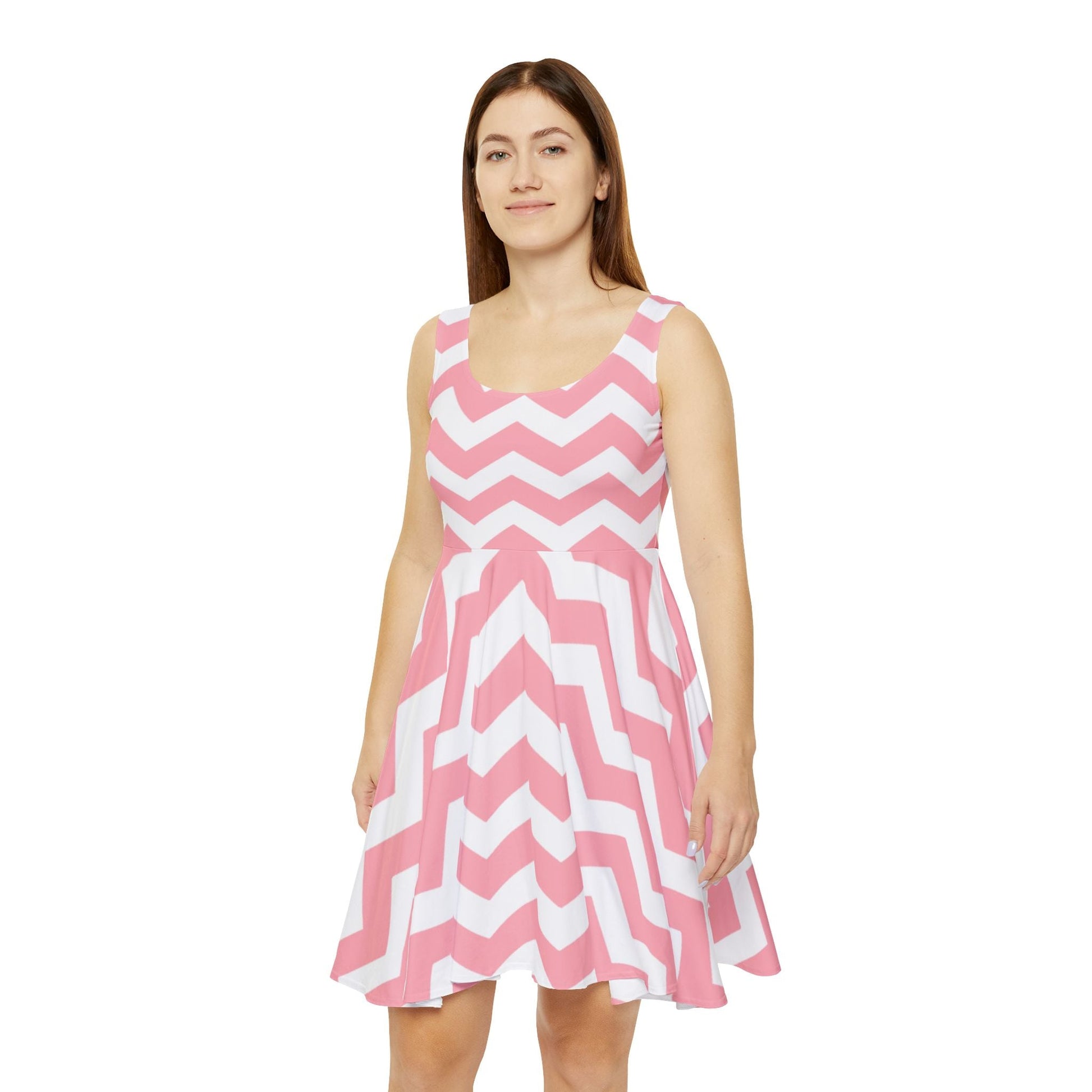 Pink and White Chevron Skater Dress, Artsulli - Art is Long, Life is Short, All Over Prints, , , , , , , 