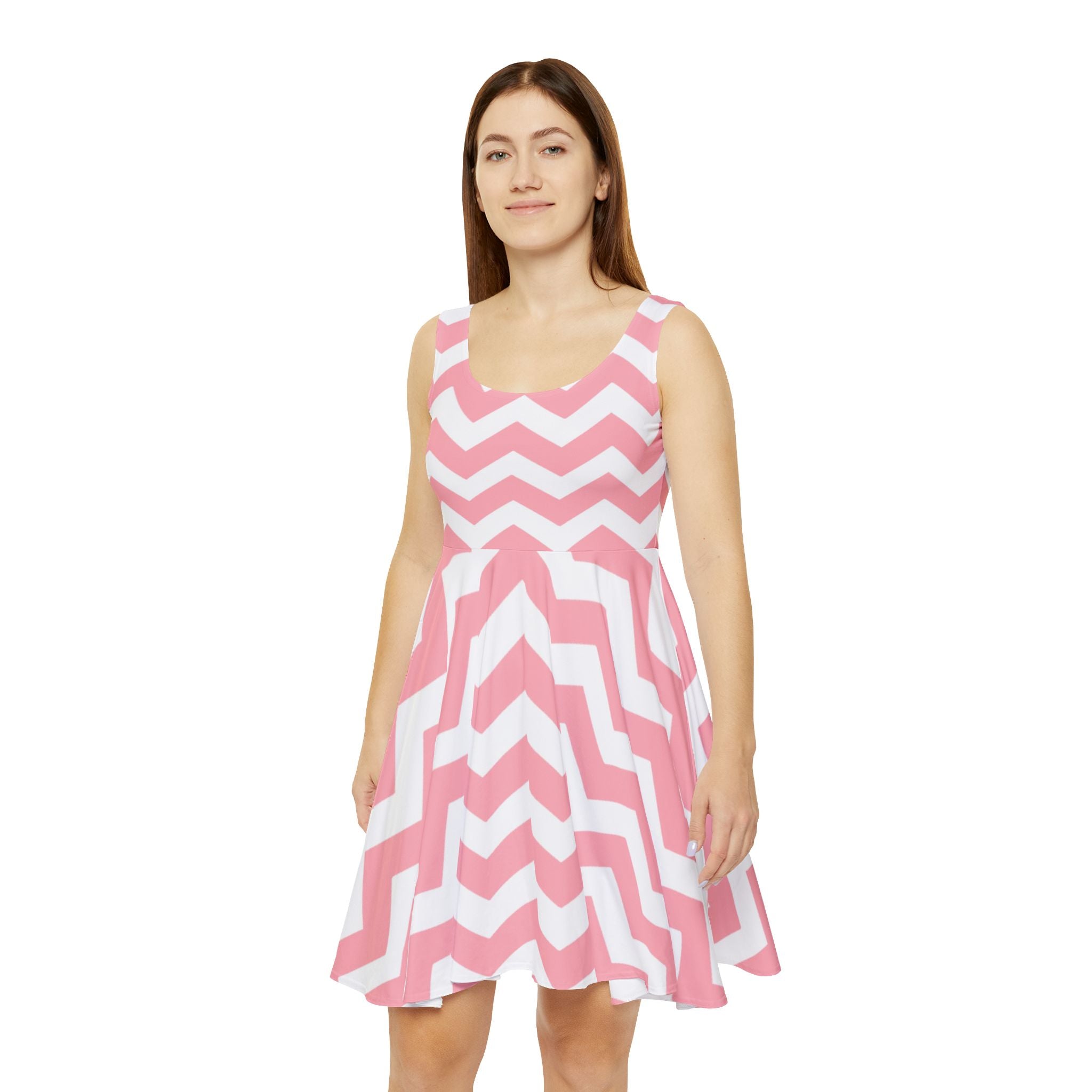Pink and White Chevron Skater Dress, Artsulli - Art is Long, Life is Short, All Over Prints, , , , , , , 