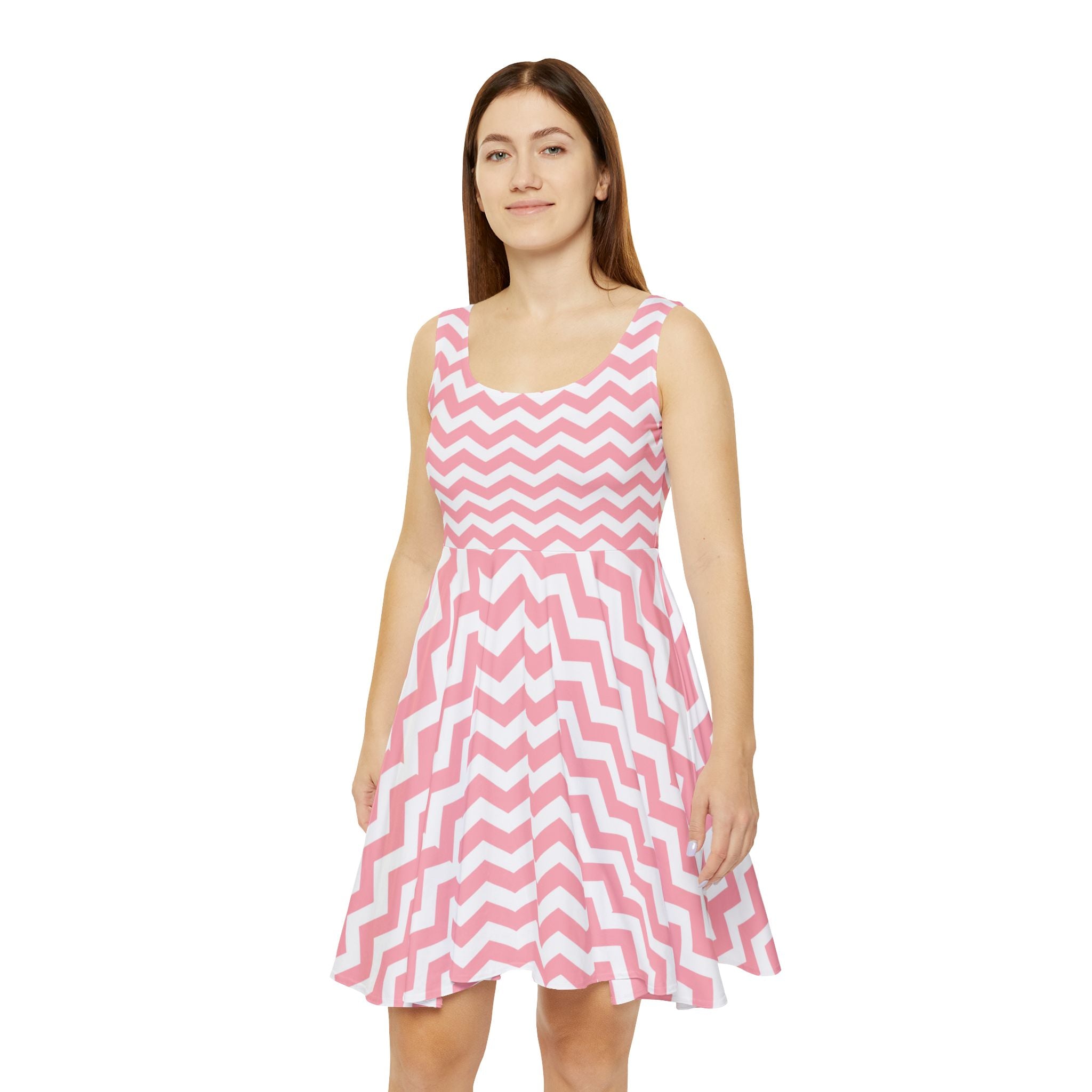 Pink and White Chevron Skater Dress, Artsulli - Art is Long, Life is Short, All Over Prints, , , , , , , 