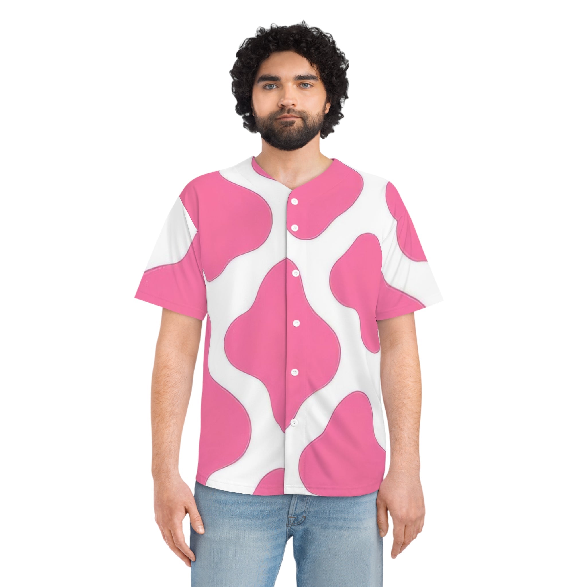 Printify Pink and White Cow Print Baseball Jersey 2025