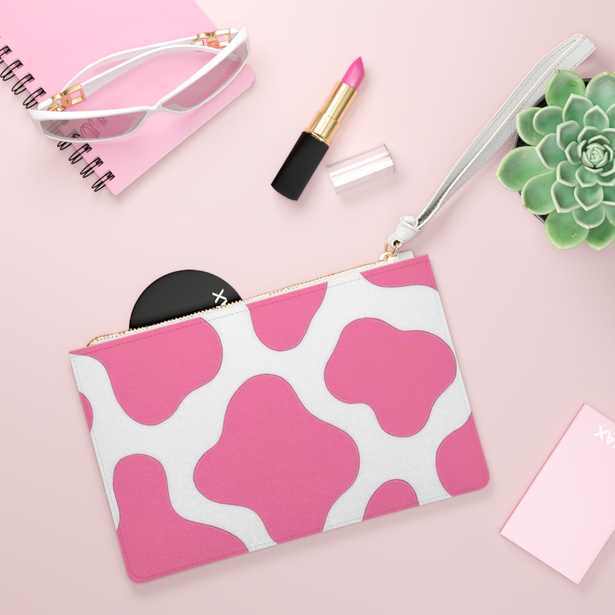 Pink and White Cow Print Clutch Bag, Artsulli - Art is Long, Life is Short, Bags, , , , , , , 