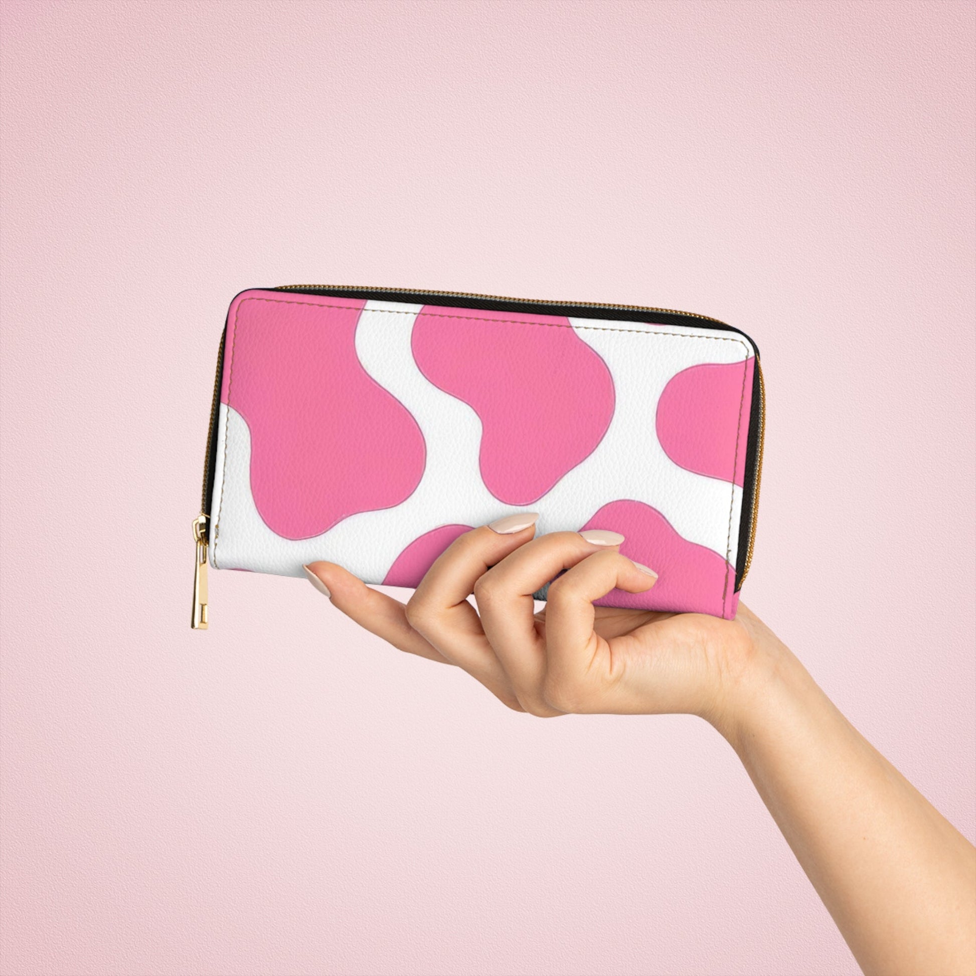 Pink and White Cow Print Zippered Wallet, Artsulli - Art is Long, Life is Short, Accessories, , , , , , , 