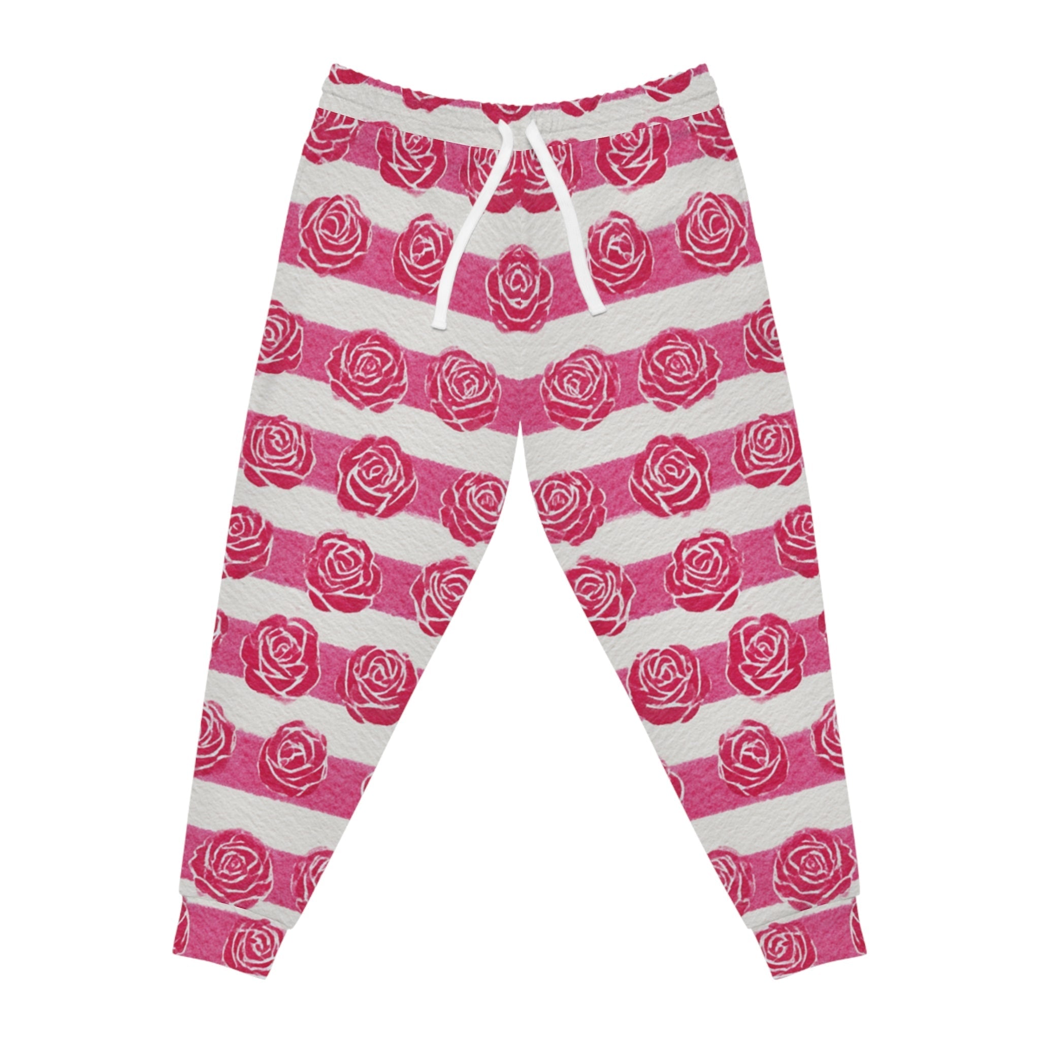 Pink and White Rose Stripe Joggers, Artsulli - Art is Long, Life is Short, All Over Prints, Size, S, Color, Seam thread color automatically matched to design, , , 12024080086057290315
