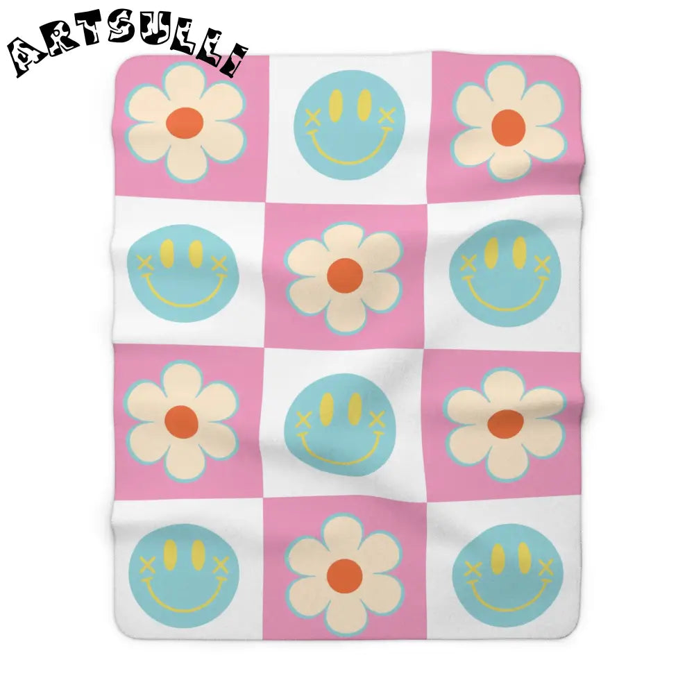Pink Checker Smiley Flower Sherpa Fleece Blanket, Artsulli - Art is Long, Life is Short, Home Decor, Size, 60" × 80", , , , , 31265631614369808862