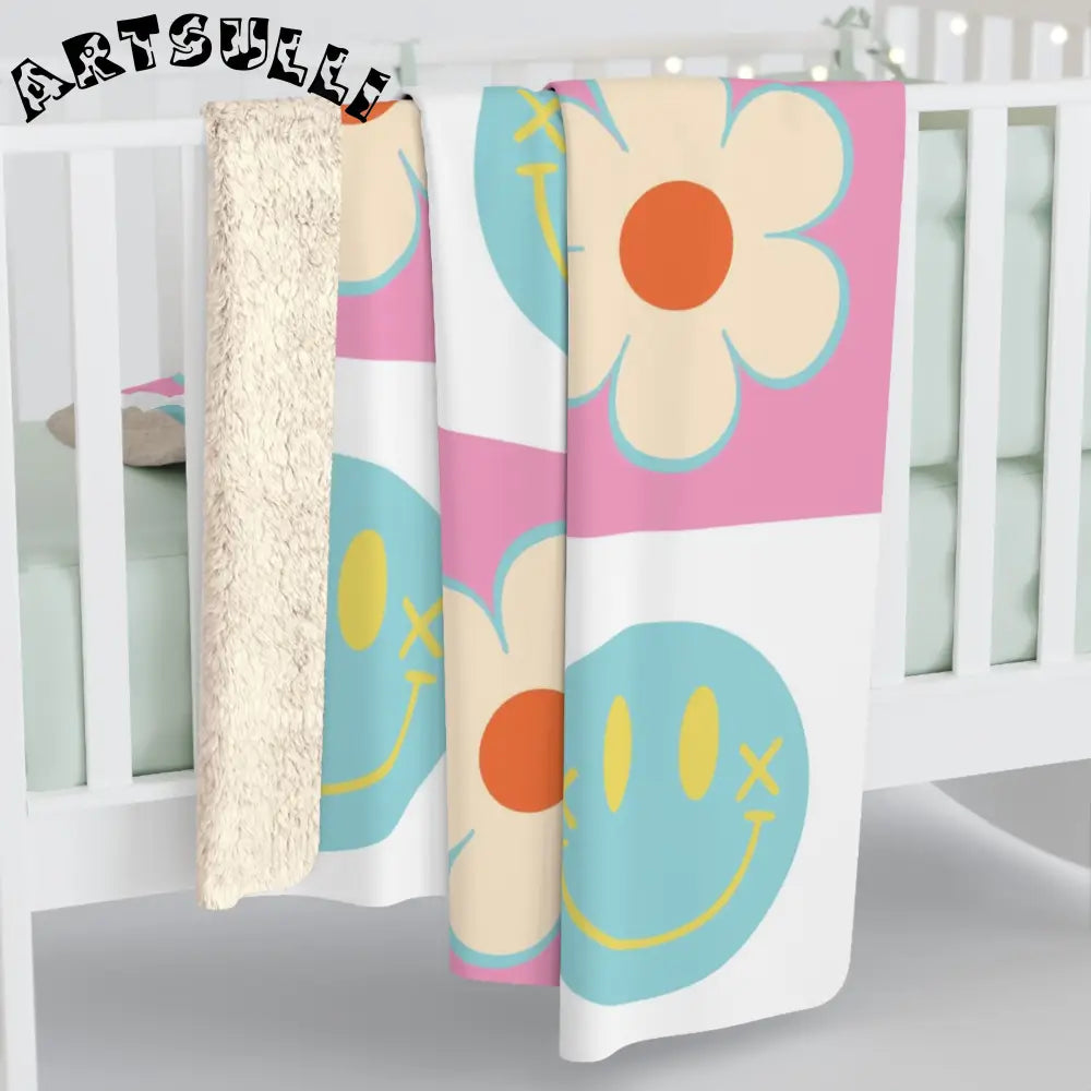 Pink Checker Smiley Flower Sherpa Fleece Blanket, Artsulli - Art is Long, Life is Short, Home Decor, , , , , , , 