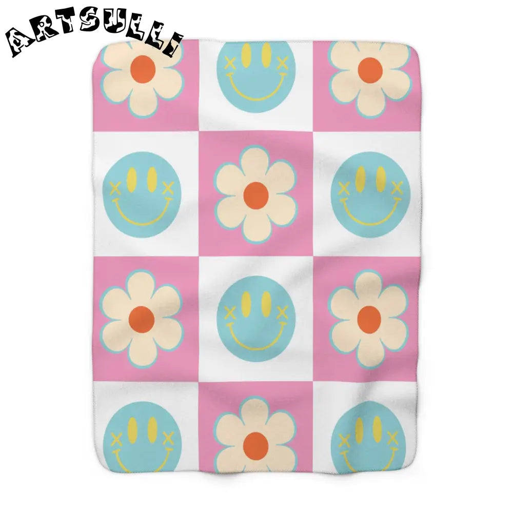 Pink Checker Smiley Flower Sherpa Fleece Blanket, Artsulli - Art is Long, Life is Short, Home Decor, Size, 50" × 60", , , , , 24536748952837553690